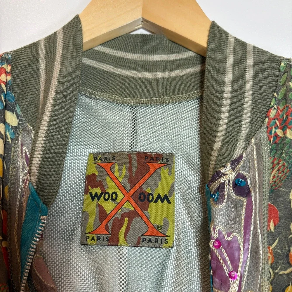 Wooxoom Paris Silk Patchwork Bomber Jacket Embroidered Mesh Green T3 Medium Rare